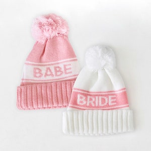 Bachelorette Beanie, Gifts for Bride, Bride & Babe Pink Woven Varsity Beanies with pom Gift for Bridesmaid Fall Winter Bachelorette Hat image 1