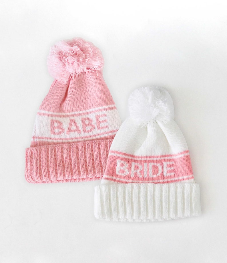 Bachelorette Beanie, Gifts for Bride, Bride & Babe Pink Woven Varsity Beanies with pom Gift for Bridesmaid Fall Winter Bachelorette Hat image 1