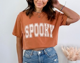 Trendy Fall T-Shirt. Spooky Season Tee. Halloween Varsity Tee. Orange Fall Autumn T-shirt.  Raised Puff Lettering Comfort Colors Oversized
