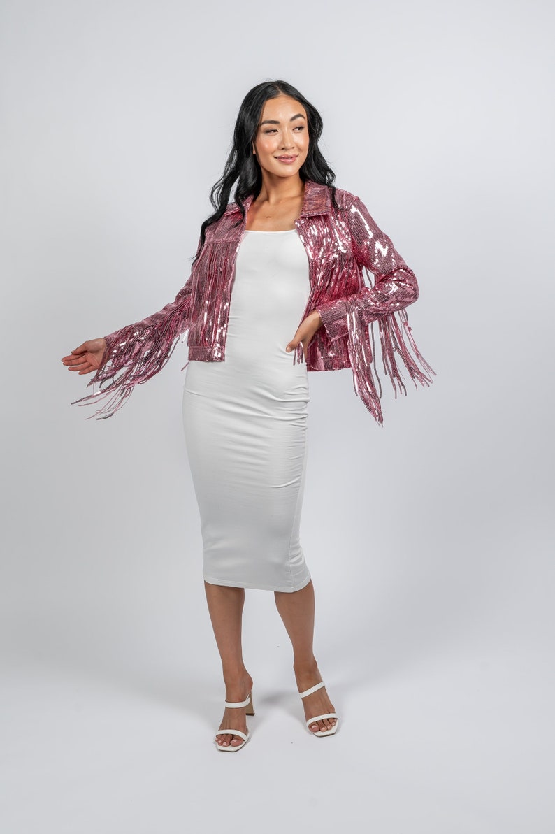 The ORIGINAL Sequin Fringe Jacket and matching Mrs Fedora Bridal Statement Fringe Boho Disco Photoshoot Theme. Country Dolly Bridal Trends afbeelding 6