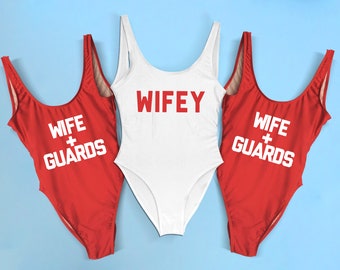 Bachelorette Swimsuits Bachelorette Bathing Suits. Wife Guard Bridal Swimsuit Bachelorette Pool Party Retro cut One Piece