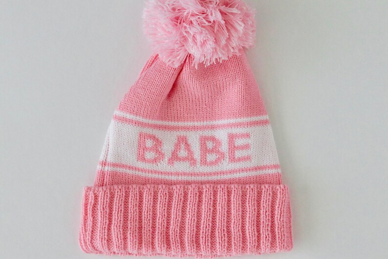 Bachelorette Beanie, Gifts for Bride, Bride & Babe Pink Woven Varsity Beanies with pom Gift for Bridesmaid Fall Winter Bachelorette Hat image 8