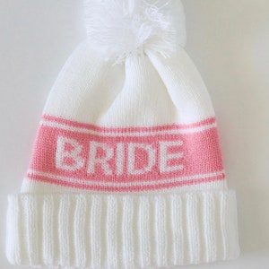 Bachelorette Beanie, Gifts for Bride, Bride & Babe Pink Woven Varsity Beanies with pom Gift for Bridesmaid Fall Winter Bachelorette Hat image 7