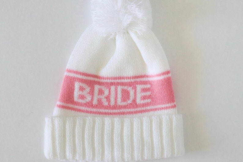 Bachelorette Beanie, Gifts for Bride, Bride & Babe Pink Woven Varsity Beanies with pom Gift for Bridesmaid Fall Winter Bachelorette Hat image 7