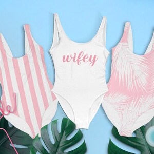 Bachelorette Swimsuits Bachelorette Bathing Suits. Light Pink Stripes & Palm Leaves. Patterned One Pieces. Printed Patterns. Charleston vibe