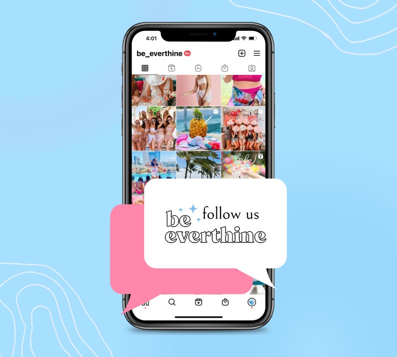 May include: A screenshot of an Instagram profile page for the account "be_everthine". The profile picture is a close-up of a woman's face. The profile has a grid of 12 photos, all of which are related to travel and summer. The caption on the profile says "be follow us everthine".