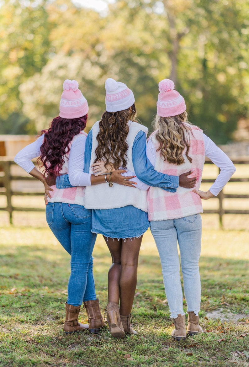 Bachelorette Beanie, Gifts for Bride, Bride & Babe Pink Woven Varsity Beanies with pom Gift for Bridesmaid Fall Winter Bachelorette Hat image 6