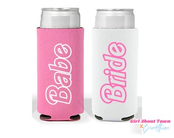 Bachelorette Slim Can Holder . Pink Doll Bride Babe Tropical Malibu Doll Babe Reusable Can Cooler. Y2K 90s Retro Party Theme Add on