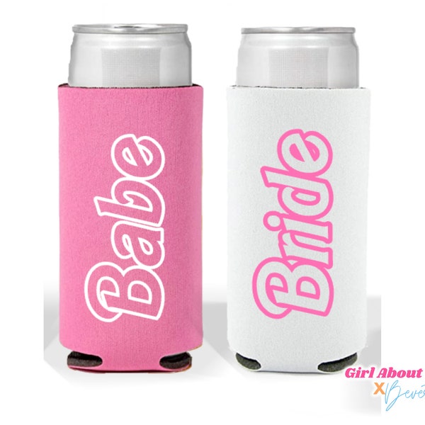 Bachelorette Slim Can Holder . Pink Doll Bride Babe Tropical Malibu Doll Babe Reusable Can Cooler. Y2K 90s Retro Party Theme Add on