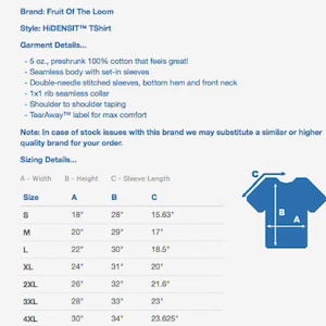 May include: Unisex tee shirt size chart with measurements in inches. The chart shows the width, height, and sleeve length for sizes S through 5XL. The chart also includes a diagram of a tee shirt with the measurements labeled.