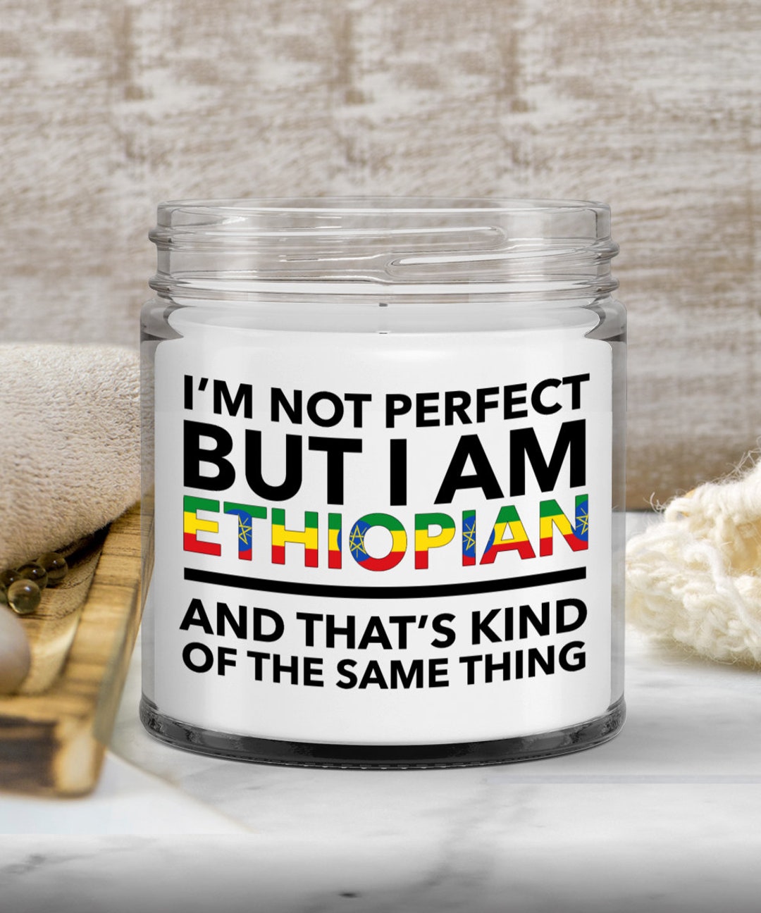 Ethiopian Gifts Soy Candle Wax Jar Vanilla Ethiopian Flag Letters