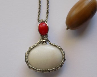 White Howlite and Red Agate Wire Wrapped Pendant - Egyptian Unisex Jewelry - Handmade gifts for her - heady wire wrapped necklace holiday