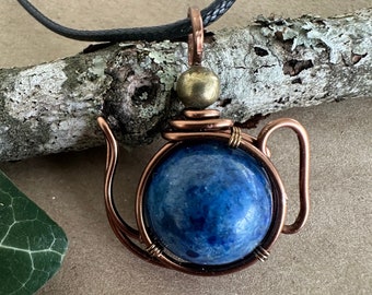 Wire wrapped Lapis Lazuli Tea Pot pendant necklace - Coffee and Tea Jewelry - Handmade cozy jewelry - gifts for her - gifts for mom - stone