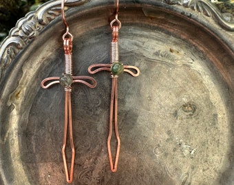 Handmade wire wrapped copper sword earrings - jewelry for renaissance fair - medieval fair costume - fairy dragon knight mushroom rustic