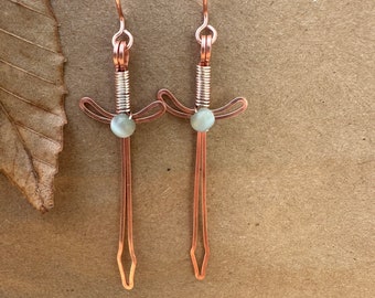 Handmade wire wrapped copper sword earrings - jewelry for renaissance fair - medieval fair costume - fairy dragon knight mushroom rustic