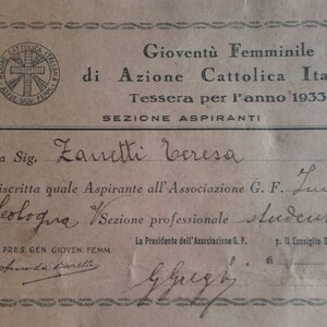 Italian Catholic Action Female Youth Card from 1933 image 1