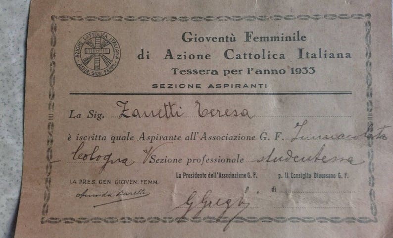 Italian Catholic Action Female Youth Card from 1933 image 1