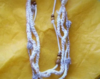 Necklace in cotton ribbon and linen yarn with vintage wooden spheres