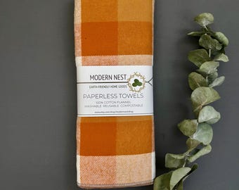Pumpkin Pie Plaid Flannel Paperless Towels: Reusable Cloth Napkins, Thanksgiving Napkins - 12 Pack
