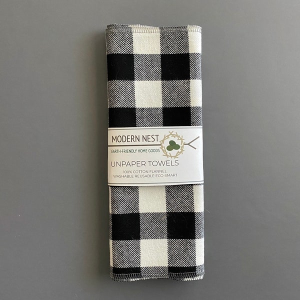 Black Buffalo Check Washable Towels, Paperless Cotton Towels, Cotton Flannel Reusable Towels, Cloth Napkins, 12 Pack, Chef Gift