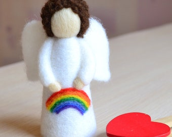 Wool Angel Doll, Rainbow Felt Angel Figurine