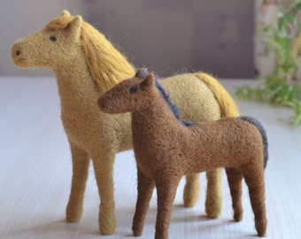 Needle Felted Wool Horse and Foal Figurine
