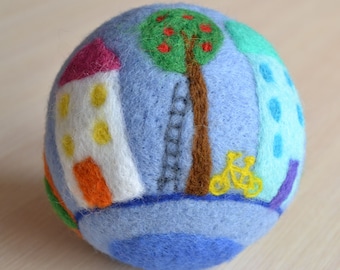 Needle felted woolen ball Blue city Waldorf for kids Unique large felt ball with picture handmade natural art object eco toy for children