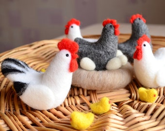 Felt chicken toу  Needle felted hen doll Felt soft animals Hen with chickens Felt birds Handmade chickens doll Cock nest and egg