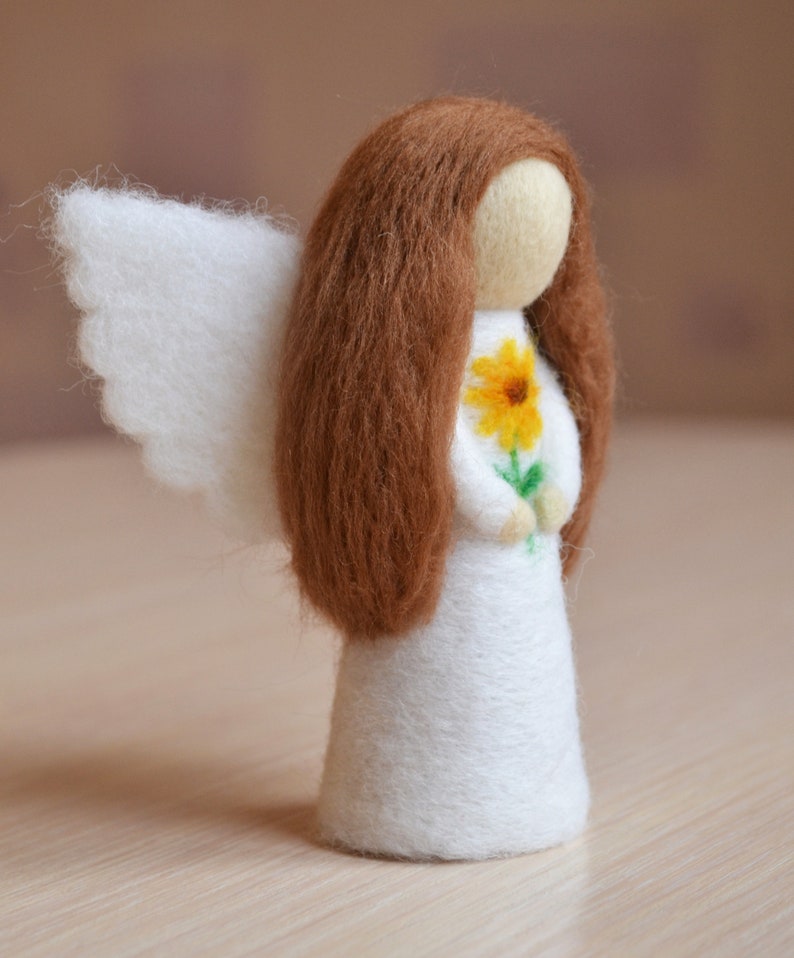 Felt angel doll Guardian angels Needle felted angel figurine Sunflower Wool toy Angel charm Angel with flower statuette toy soft sculpture image 2