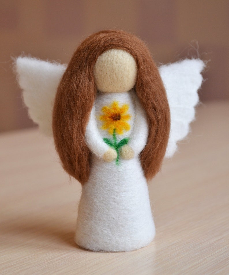 Felt angel doll Guardian angels Needle felted angel figurine Sunflower Wool toy Angel charm Angel with flower statuette toy soft sculpture image 1