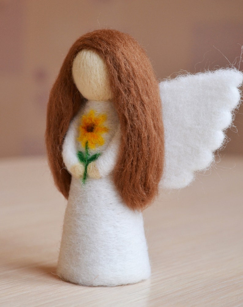 Felt angel doll Guardian angels Needle felted angel figurine Sunflower Wool toy Angel charm Angel with flower statuette toy soft sculpture image 4