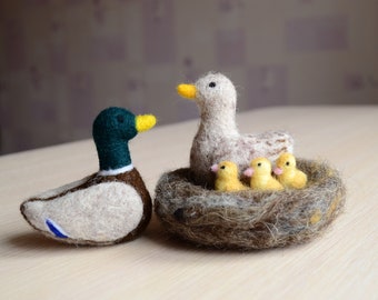 Felted Duck Drake Ducklings Handmade Felt Birds Nest and Egg