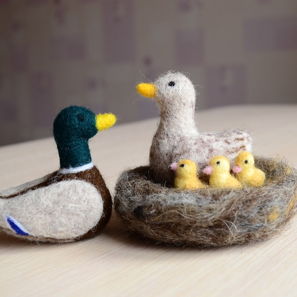 Felted Duck Drake Ducklings Handmade Felt Birds Nest and Egg