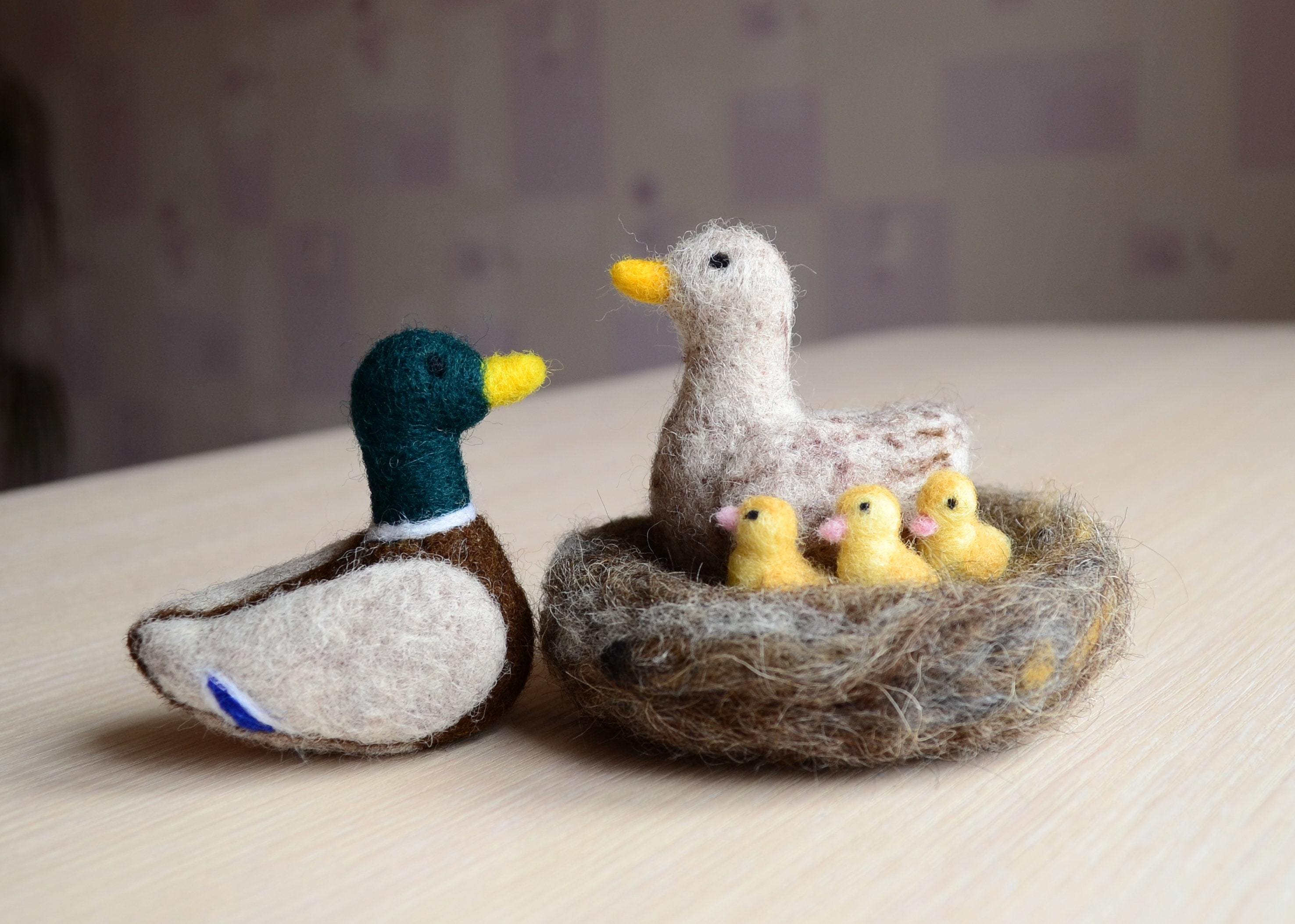 Felted Duck Drake Ducklings Handmade Felt Birds Nest and Egg