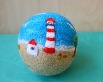 Felted woolen ball sea and lighthouse hand-patterned felt ball natural art object eco-friendly toy for children