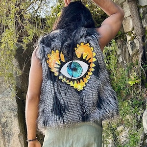 Embellished Black Faux Fur Evil Eye Vest, Festival Vest, Handmade Faux Fur Vest, Sequin Vest, Unisex Vest, Festival Party Piece, Custom Vest