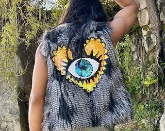 Embellished Black Faux Fur Evil Eye Vest, Festival Vest, Handmade Faux Fur Vest, Sequin Vest, Unisex Vest, Festival Party Piece, Custom Vest