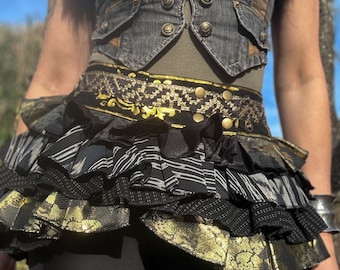 Black Gold Boho Pixie Bustle Skirt Festival Outfit Burning Man Wrap Skirt Layered Hippie Tribal Costume Fairy Outfit Sustainable