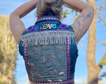 Hand Painted Love Denim Vest Upcycled Boho Hippie Jean Vest Festival Clothing One of a Kind Handmade Womens Vest