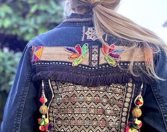 Embellished Denim Jacket Women Upcycled Boho Jean Jacket Cropped Festival Jacket One of a Kind Handmade Artisan Statement Jacket