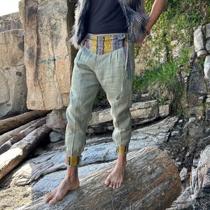 Green Linen Pants, Yoga Boho Pants, Linen Yoga Pants, Men&#39;s Festival pants, Linen trousers, Bohemian Pants, Festival Clothing, Hippie pants