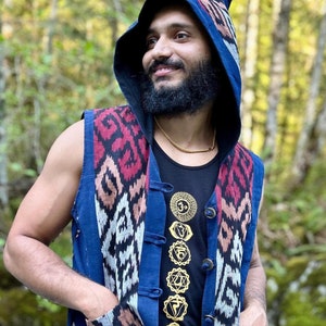 Men&#39;s Blue Ikat Hooded Vest: Handmade Boho Festival Waistcoat