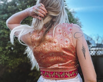 Oranje brokaatvest Boho Festival dames cropped hippievest verstelbaar unieke handgemaakte top