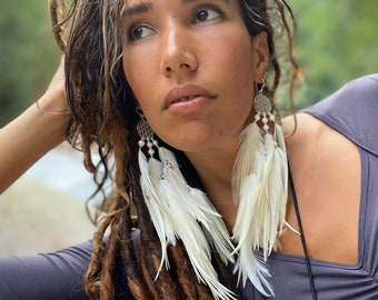 White Feather Earring, Boho Feather Earrings, Long Feather Earrings, Natural Feather Earrings, Feather Drop Earrings, Boho Chic Earrings
