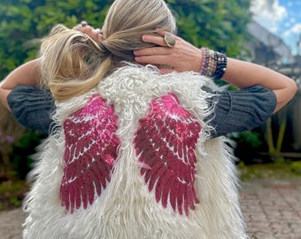 Embellished White Faux Fur Angel Wings Vest, Festival Vest, Faux Fur Vest, Sequin Vest, Unisex Vest, Festival Party Piece, Custom Vest