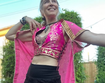 Pink Rayon Kimono Robe Upcycled Indian Textile CoverUp