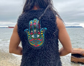 Embellished Black Faux Fur Evil Eye Festival Vest, Handmade, Faux Fur Vest, Sequin Vest, Unisex Vest, Festival Party Piece, Custom Vest