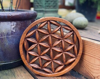 Hand Carved Wood Flower of Life Wall Art Boho Home Decor
