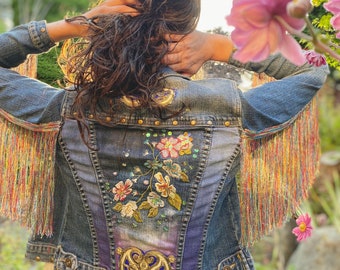 Fringe Jacket, Embellished hand painted jean, One of a kind denim, Cropped denim, Embellished denim, Denim jacket, Festival jacket, Jean