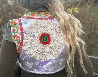 Womens Crop Vest, White Festival Vest, Purple Vest, Handmade Vest, Festival Piece, Boho Womens Vest, Custom Vest, Upcycled Vest,Slow Fashion